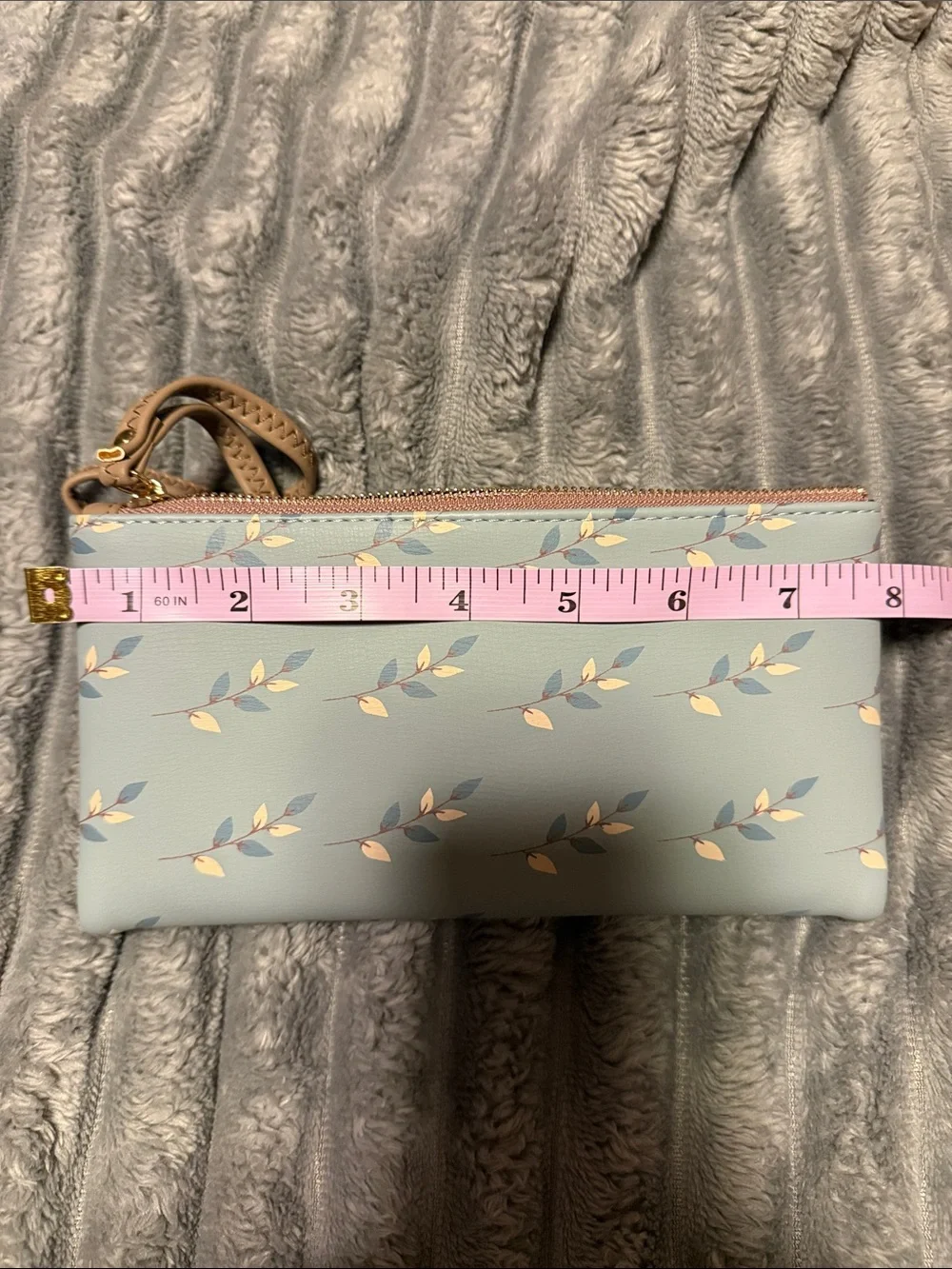 Light Blue Floral Wristlet Wallet with Tan Trim